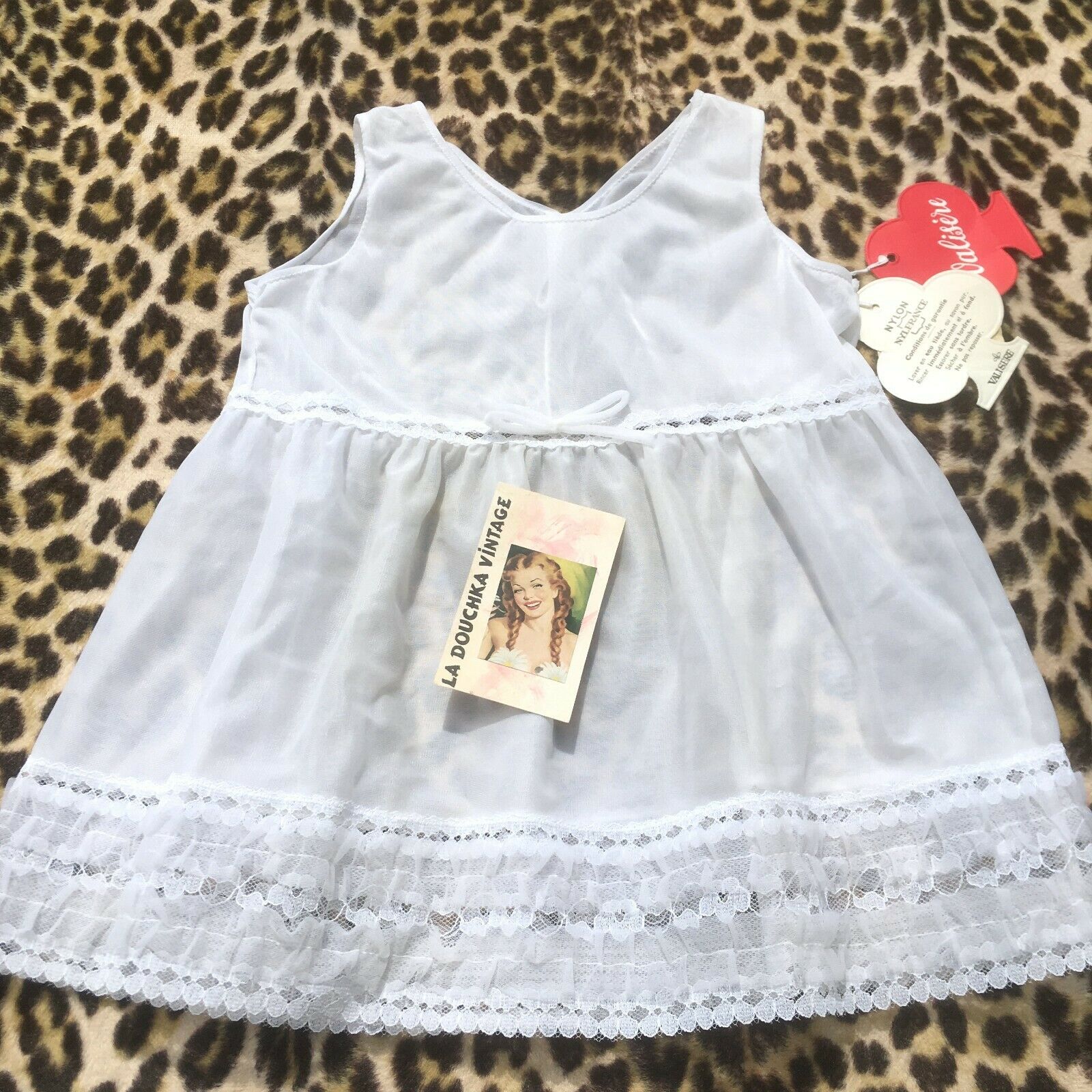 French 1950s Baby Girl White Nylon Slip Dress~ruched Lace Trims~new&tag~3/4 Yrs